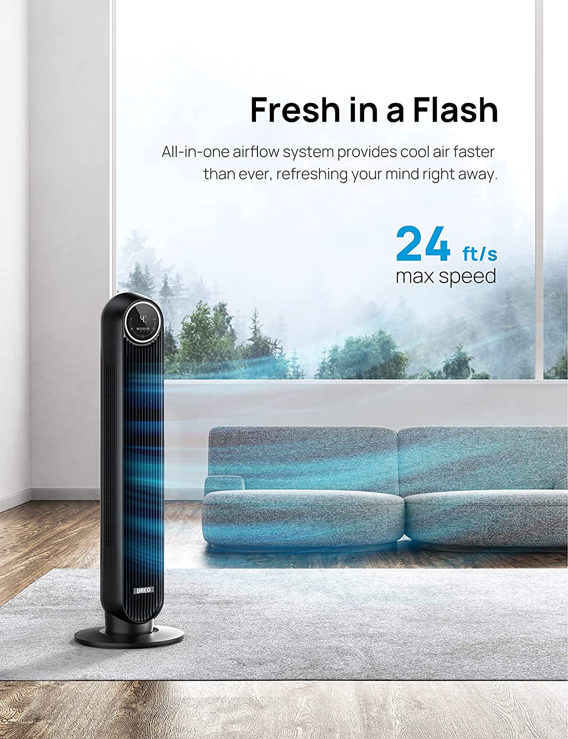 Dreo Nomad One Tower Fan with Remote. Quiet Cooling Fan. 90° Oscillating Fan with 4 Speeds. 4 Modes