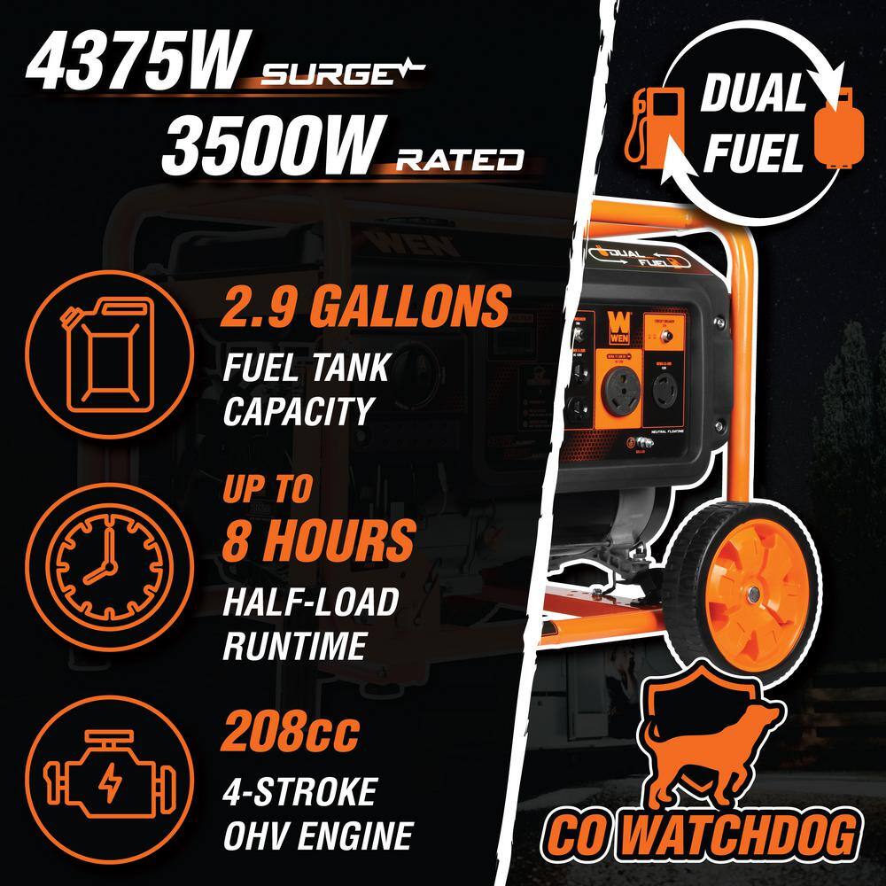 WEN DF430X 4375-Watt Dual Fuel Portable Generator with Wheel Kit and CO Shutdown Sensor