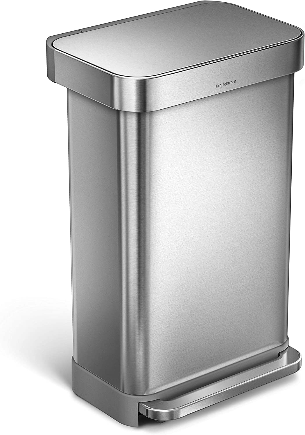 simplehuman 45 Liter / 12 Gallon Rectangular Hands-Free Kitchen Step Trash Can with Soft-Close Lid. Brushed Stainless Steel