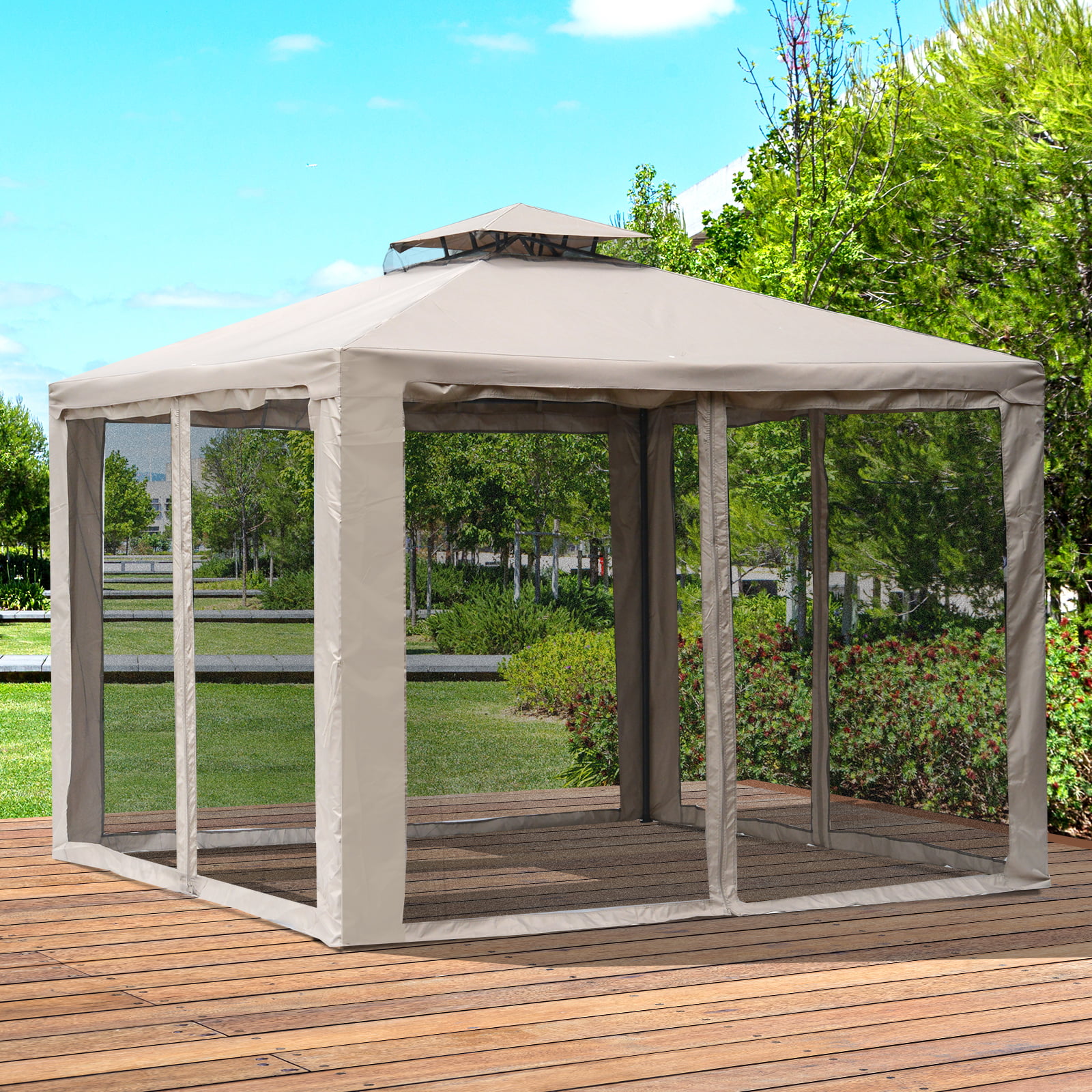 Outsunny 10' x 10' Steel Fabric 2.95m /9.7′ Outdoor Patio Gazebo Pavilion Canopy Tent Steel 2-tier Roof - Taupe