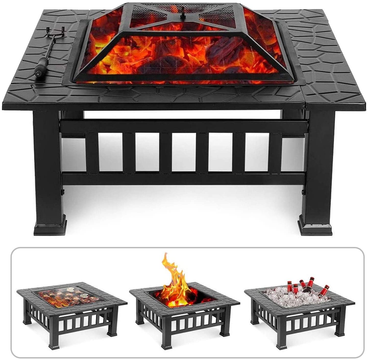 Ash Fire Pit - Square Outdoor Wood Burning and Grill for Camping and Picnic - Portable Steel Frame with Legs. Mesh Cover. Poker - Bonfire and Cooking in The Patio. Deck. Garden. Backyard