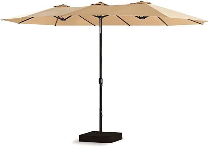 15 Ft Double-Sided Patio Umbrella Outdoor Market Umbrella with Crank. Umbrella Base Included (Beige)