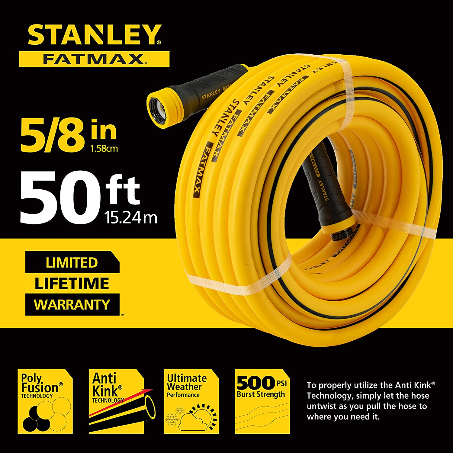Stanley Fatmax Professional Grade Water Hose. 50′ x 5/8″. Yellow 500 PSI