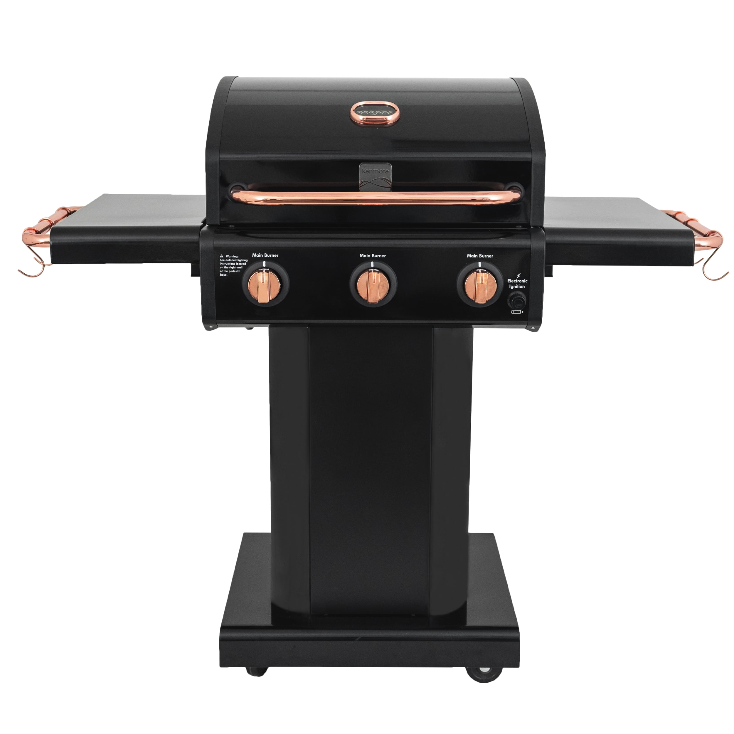 Kenmore 3-Burner Outdoor BBQ Propane Gas Grill with Foldable Sides. Black with Copper Accent