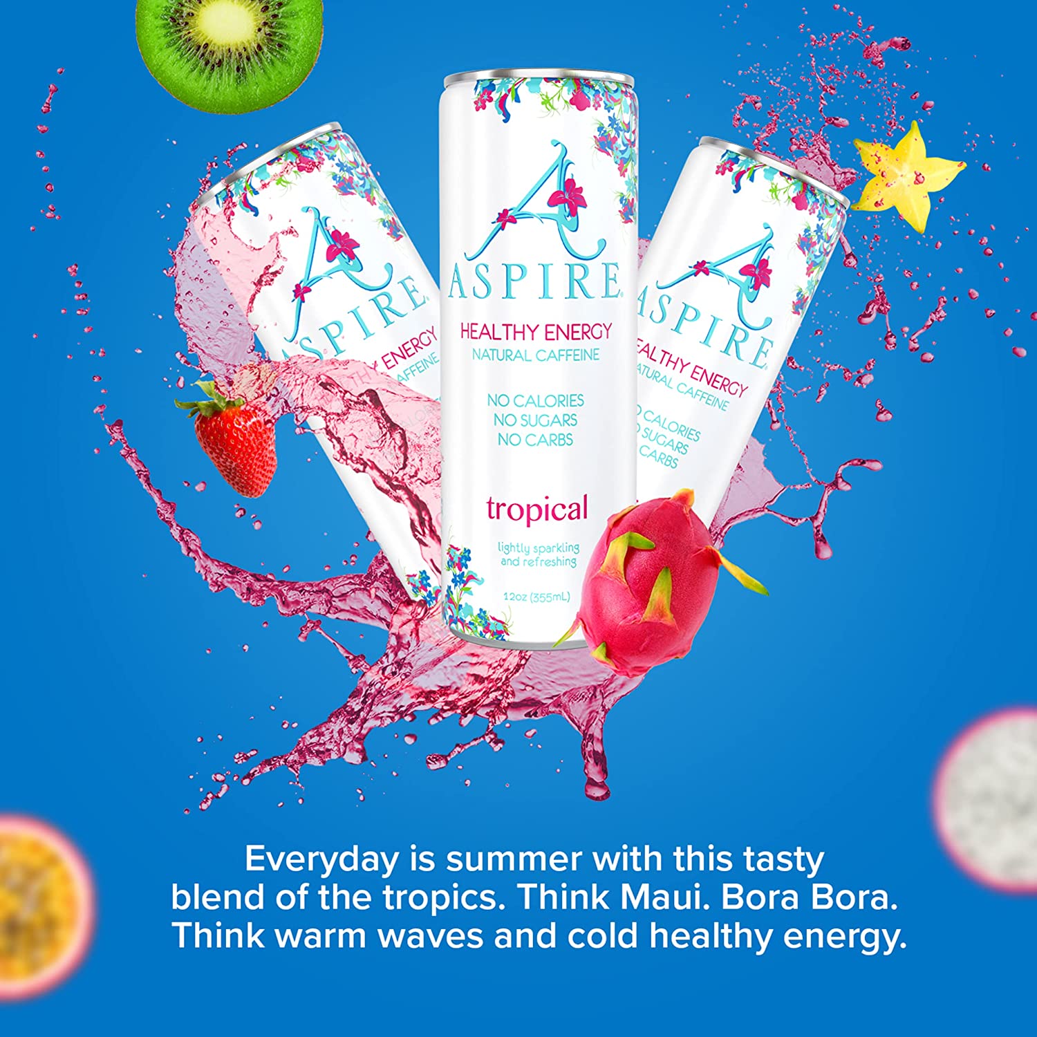 Aspire Sugar-Free Healthy Energy Drink. Natural Caffeine. Coffee Substitute. Vitamins B & C. Tropic Variety Pack. 12 oz Cans (Pack of 12)