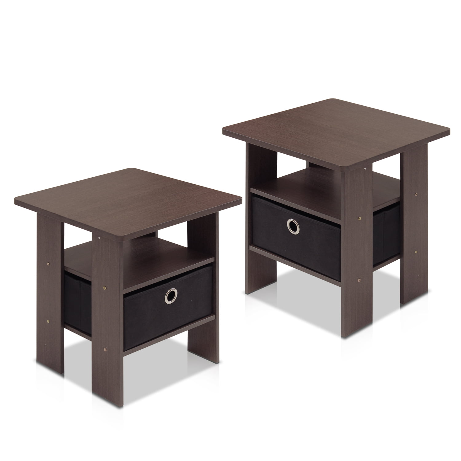 Furinno Andrey End Table Nightstand with Bin Drawer. Set of 2. Dark Brown