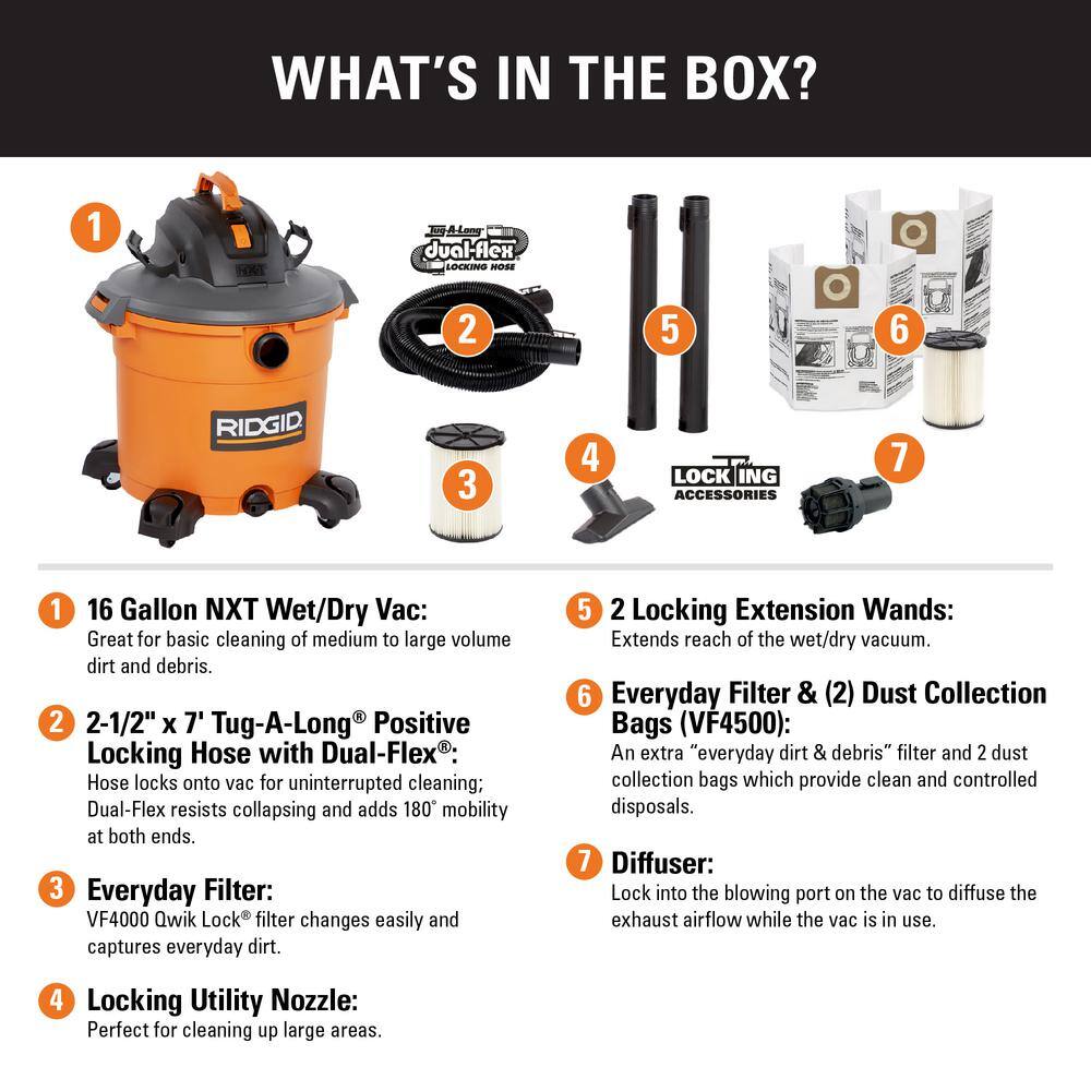 RIDGID HD1640A 16 Gallon 5.0 Peak HP NXT Wet/Dry Shop Vacuum with Two Filters. 2pk Dust Bags. Hose. Diffuser and Three Accessories