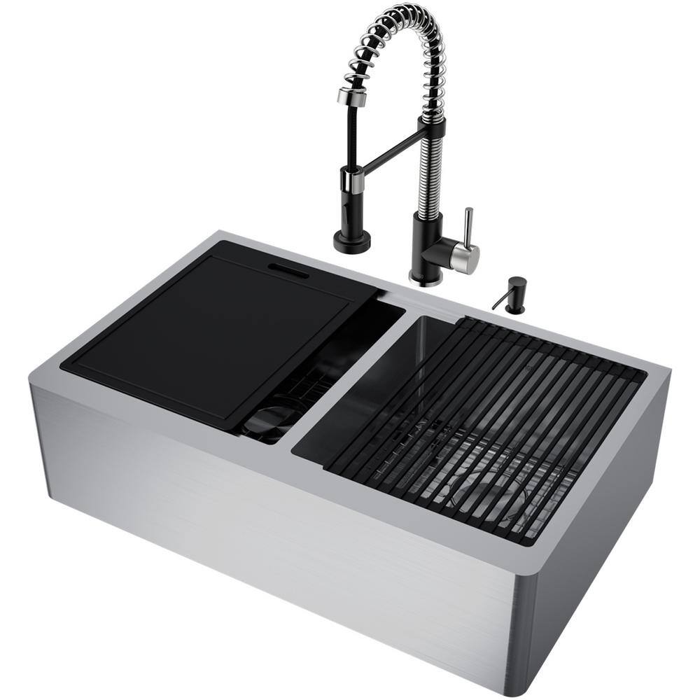 VIGO 1004856791 Oxford 33″ Double Bowl Workstation Undermount Stainless Steel Farmhouse Sink with Ledge and Faucet with Accessories