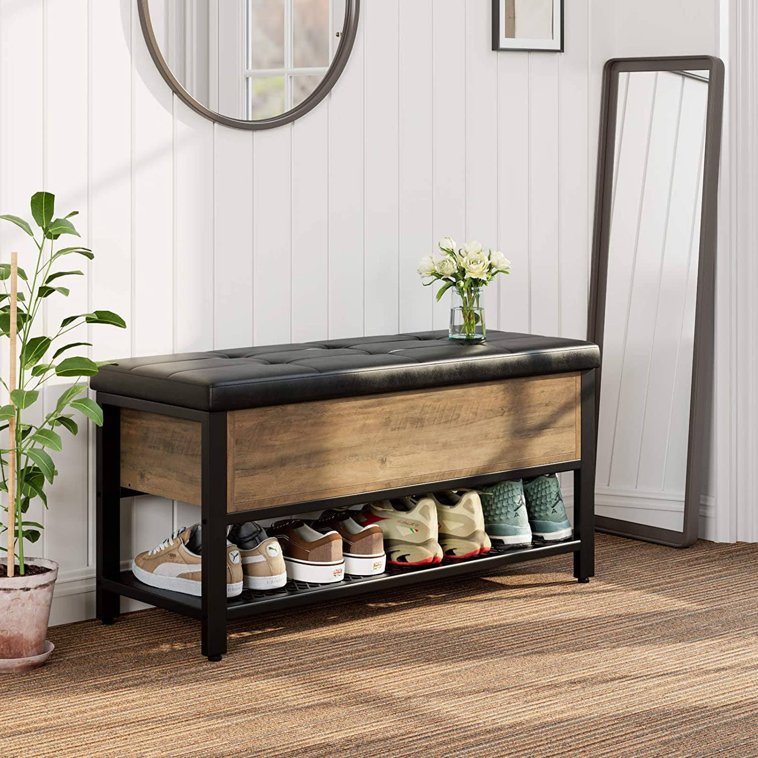 Homfa Storage Bench with Storage. Long Shoe Bench with Flip Top and Leather Padded Seat and Bottom Steel Shelf for Hallway. Living Room. Bedroom. Rustic Brown and Black