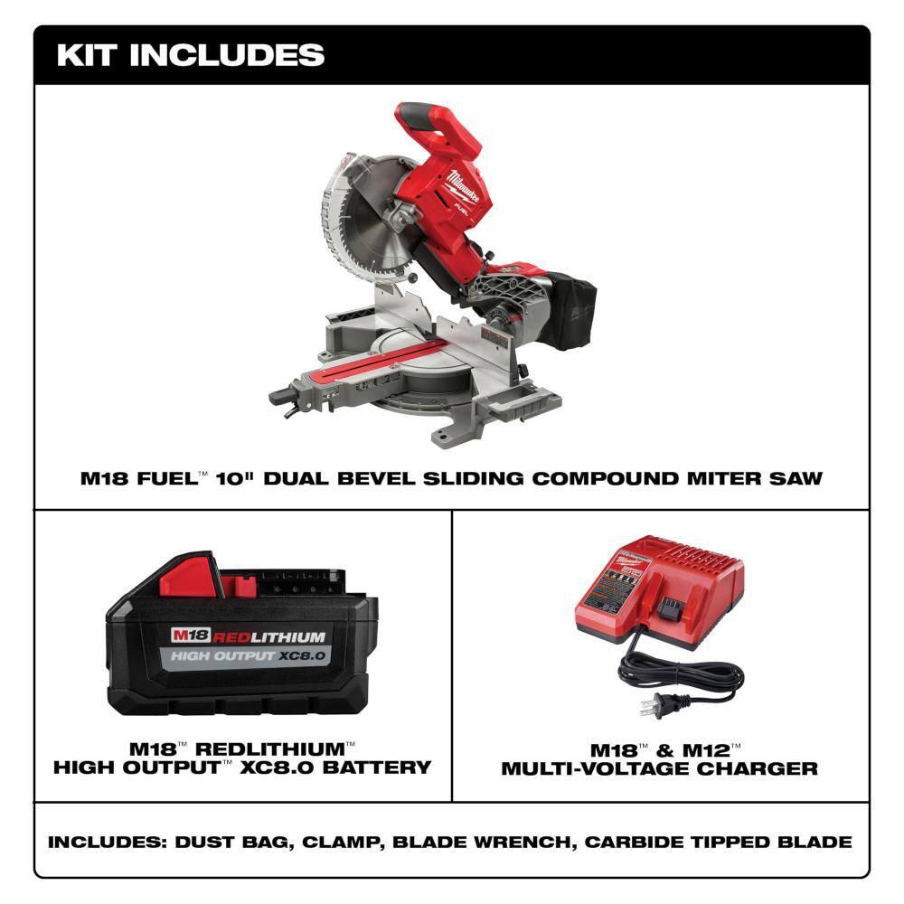 Milwaukee 2734-21-48-11-1880 M18 FUEL 18V 10 in. Lithium-Ion Brushless Cordless Dual Bevel Sliding Compound Miter Saw Kit w/(2) 8.0 Ah Batteries