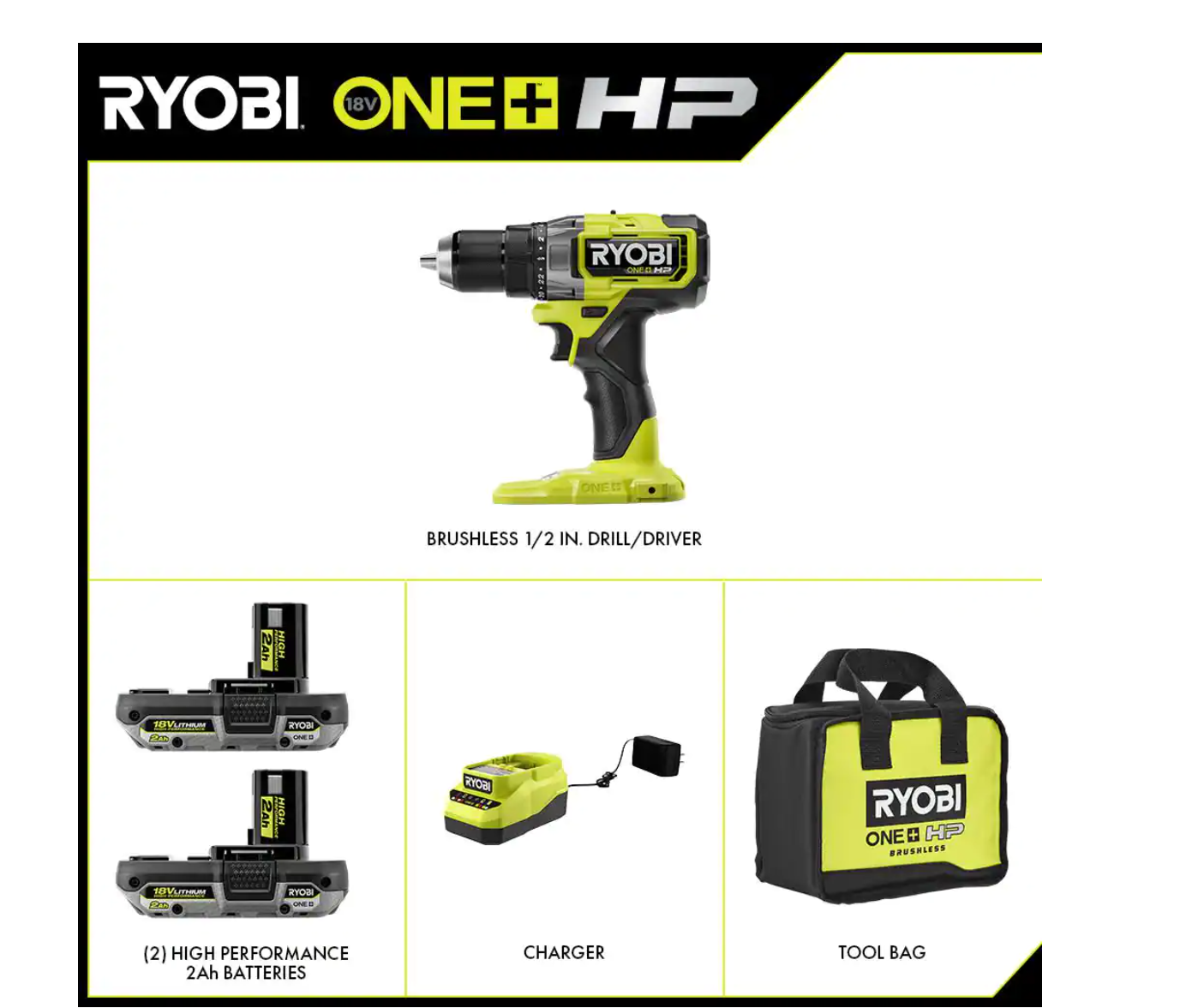 RYOBI PBLDD01K-A98401 ONE+ HP 18V Brushless Cordless 1/2 in. Drill/Driver Kit w/(2) Batteries. Charger. Bag. & Drill/Drive Kit (40-Piece)