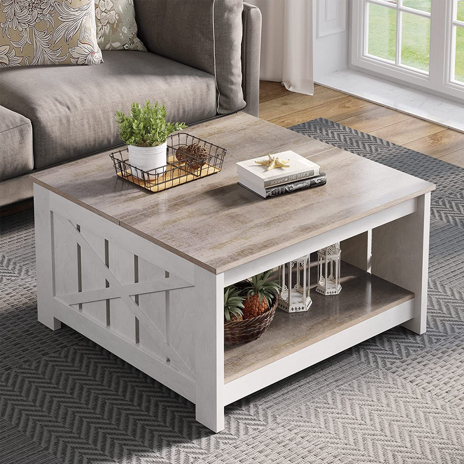 YITAHOME Coffee Table with Storage.Square Wood Modern Rustic Coffee Table for Living Room.Farmhouse Grey Wash Coffee Table.Coffee Table for Living Room with Barn Door and Half Open Storage Compartment