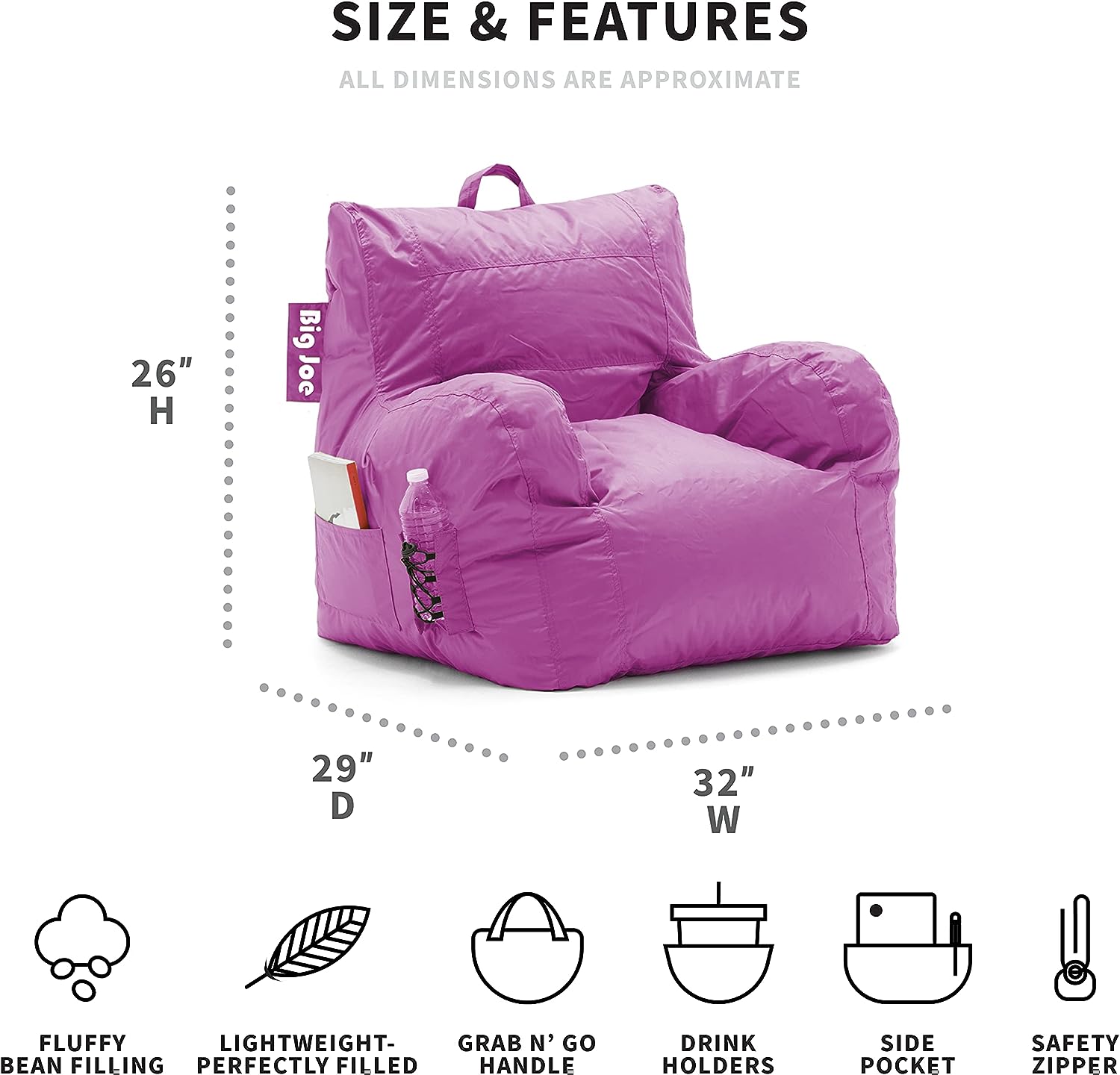 Big Joe Dorm Bean Bag Chair with Drink Holder and Pocket. Radiant Orchid Smartmax. Durable Polyester Nylon Blend. 3 feet