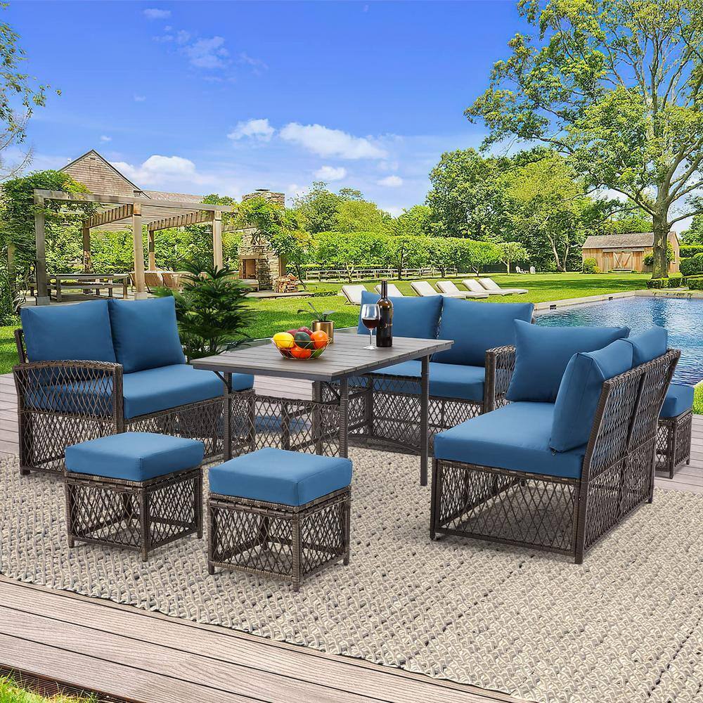 AECOJOY  7-Pieces Patio Gray Wicker Furniture Dining Set with Navy Cushions