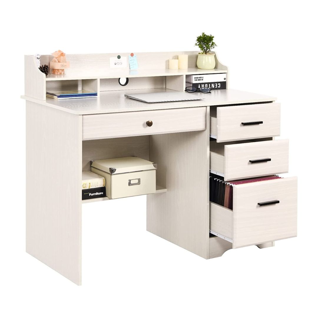 Catrimown Computer Desk with Drawers. Wood Home Office Desk with Monitor Stand. PC Desk with Monitor Stand. White Oak