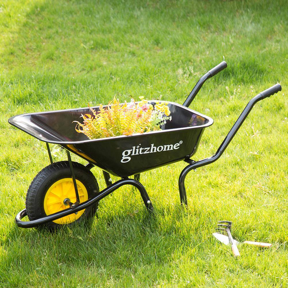 Glitzhome 1429004169 4.7 cu. ft. Black Steel Framed Plastic Garden Wheelbarrow Utility Dump Cart