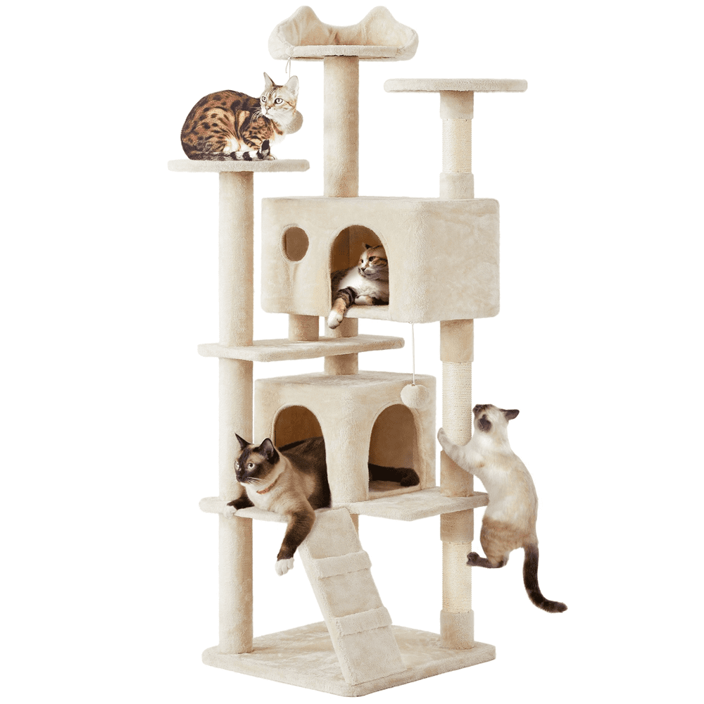 Easyfashion 70″ Cat Tree Condo with 3 Platform & 3 Scratching Posts. Beige