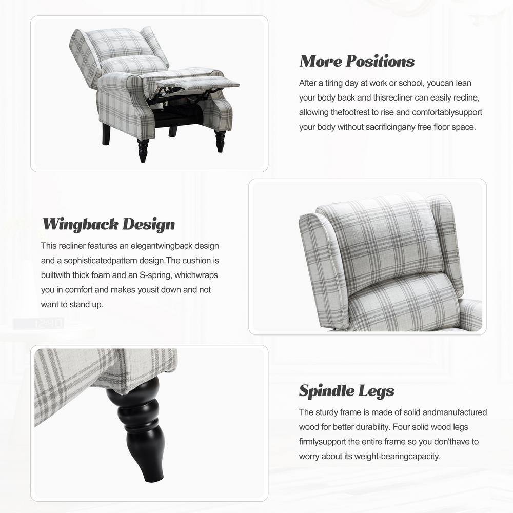 JAYDEN CREATION  Bogazk Modern Plaid Grey Polyester Pattern Manual Recliner with Wingback and Rubber Wood Legs