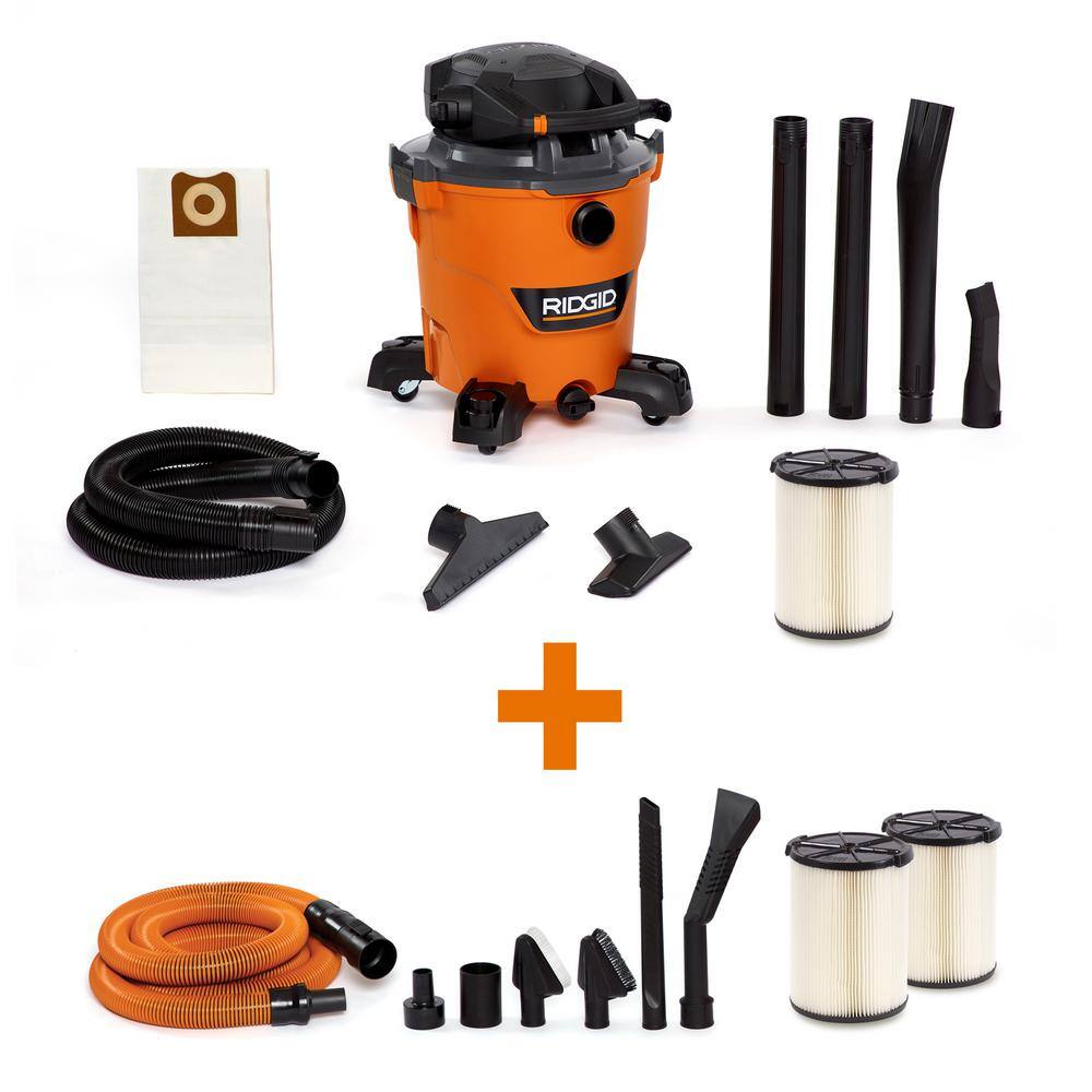 RIDGID HD1280A 12 Gallon 6.0 Peak HP NXT Wet/Dry Shop Vacuum with Detachable Blower. Two Additional Filters and Car Cleaning Kit