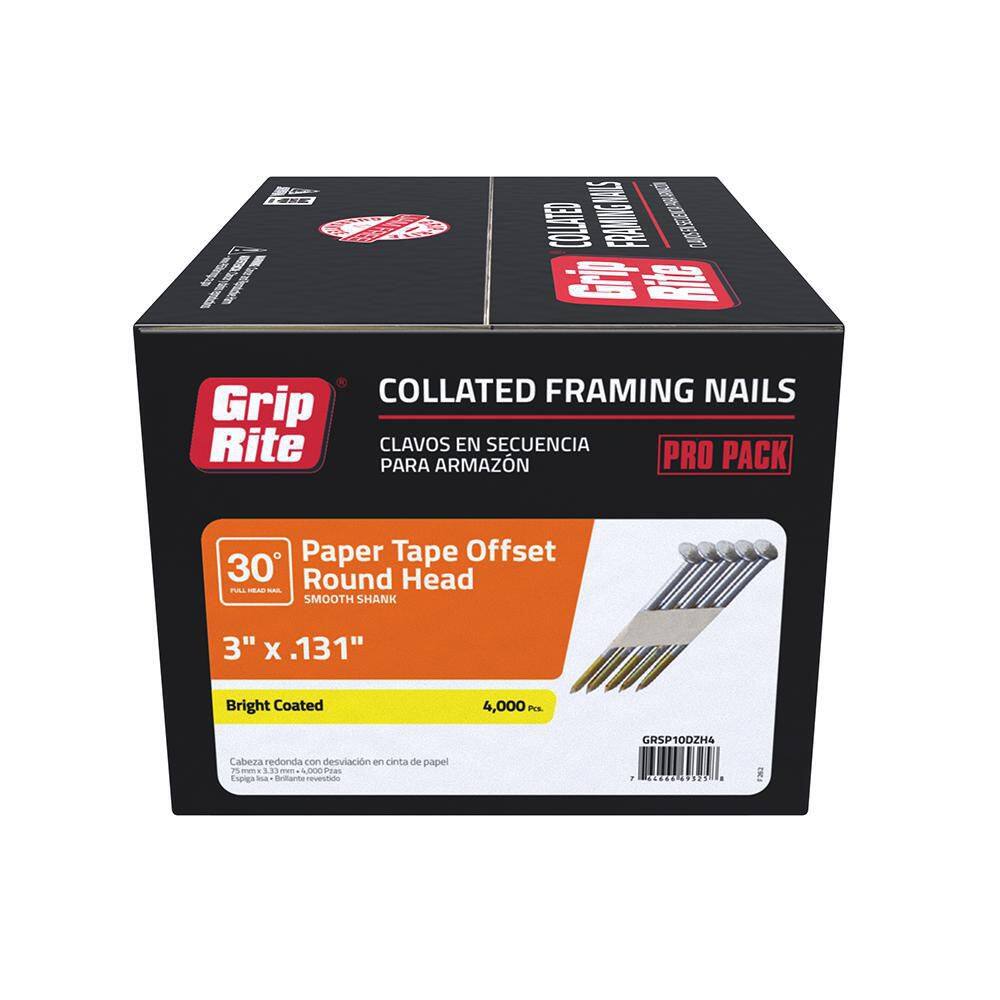 Grip-Rite GRSP10DZH4 3 in. x 0.131 in. 30-Degree Paper Brite Coated Smooth Shank Round Head Nails (4.000 Per Pack)