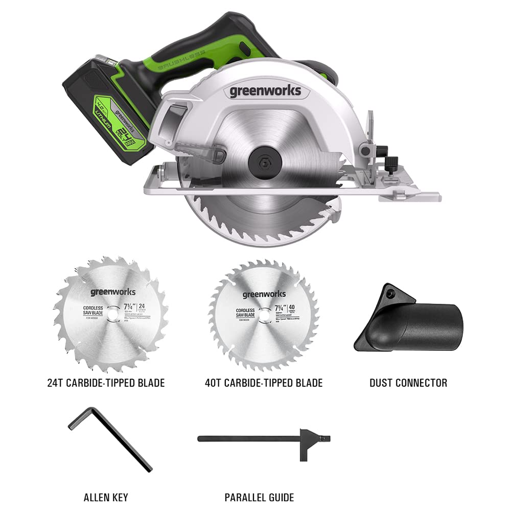 Greenworks 24V Brushless Cordless 7.25” Circular Saw 4.500 RPM. with 4Ah Battery and 2A Charger