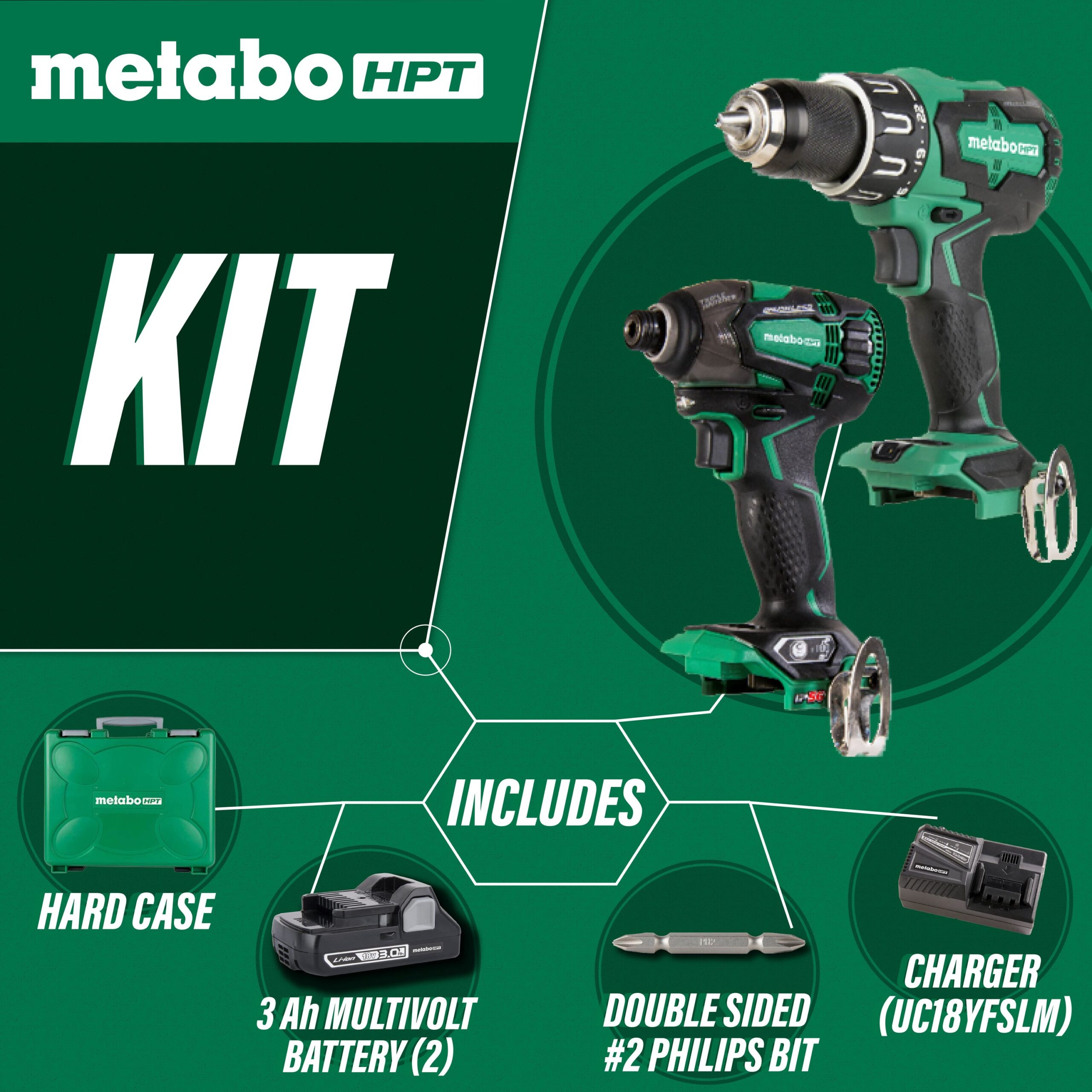 Metabo HPT MultiVolt 2-Tool 18-volt Brushless Power Tool Combo Kit with Hard Case (2 Li-ion Batteries Included and Charger Included)