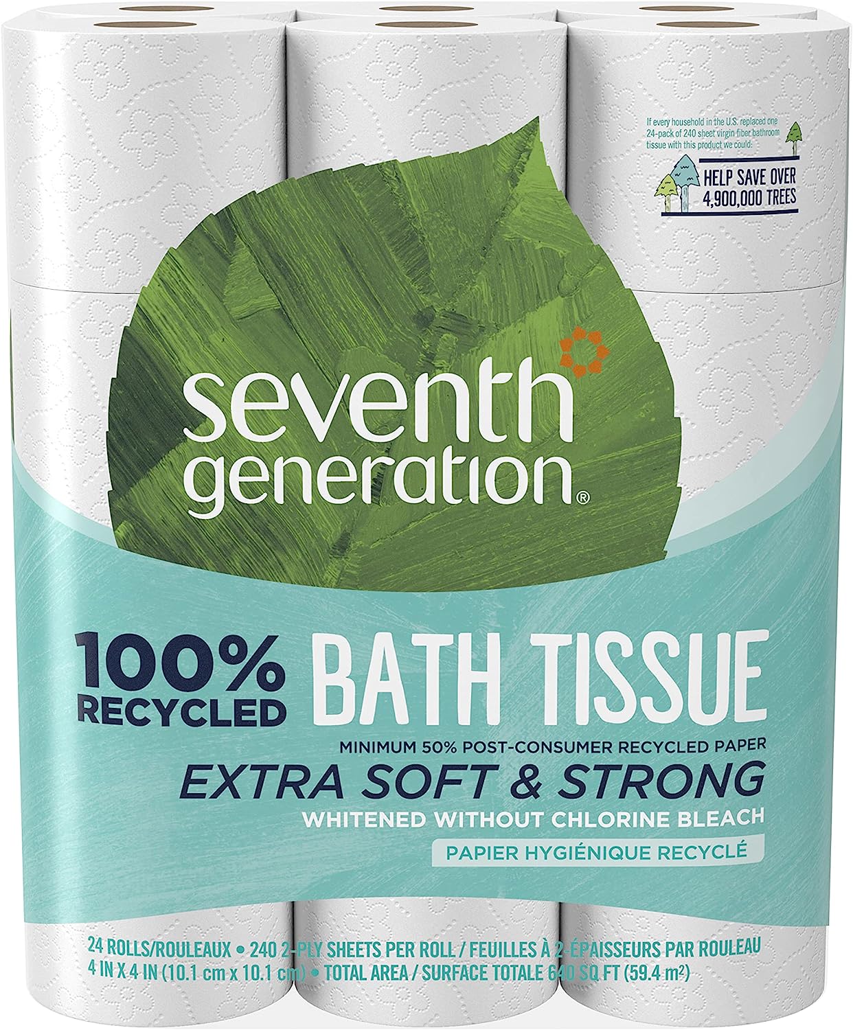 Seventh Generation Toilet Paper White Bathroom Tissue 2-ply 100% Recycled Paper without Chlorine Bleach 24 count. (Pack of 2)