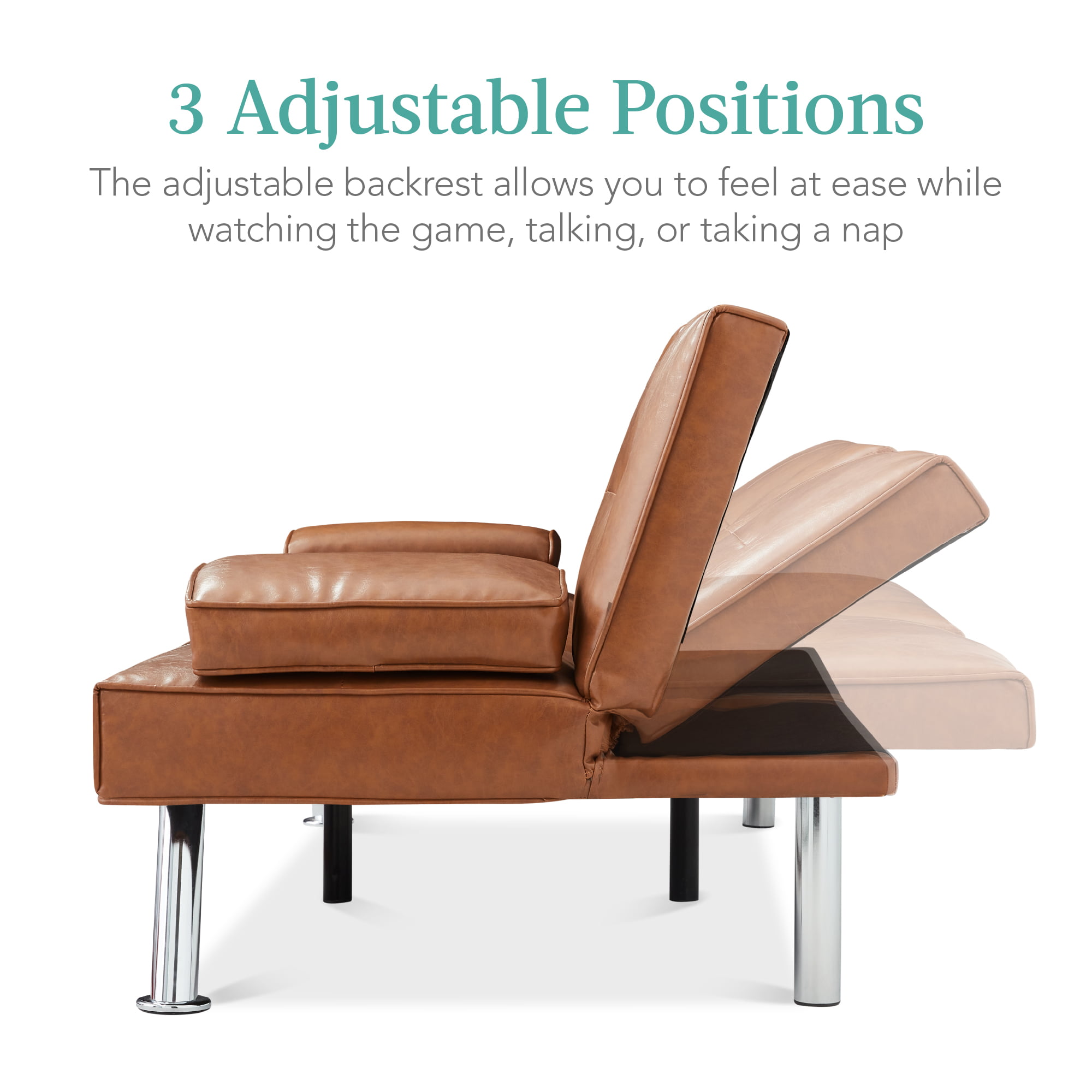 Best Choice Products Modern Faux Leather Convertible Futon Sofa w/ Removable Armrests. Metal Legs. 2 Cupholders - Tan