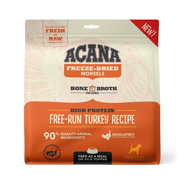 ACANA Grain Free High Protein Fresh & Raw Animal Ingredients Free-Run Turkey Recipe Freeze Dried Morsels Dog Food. 8 oz.