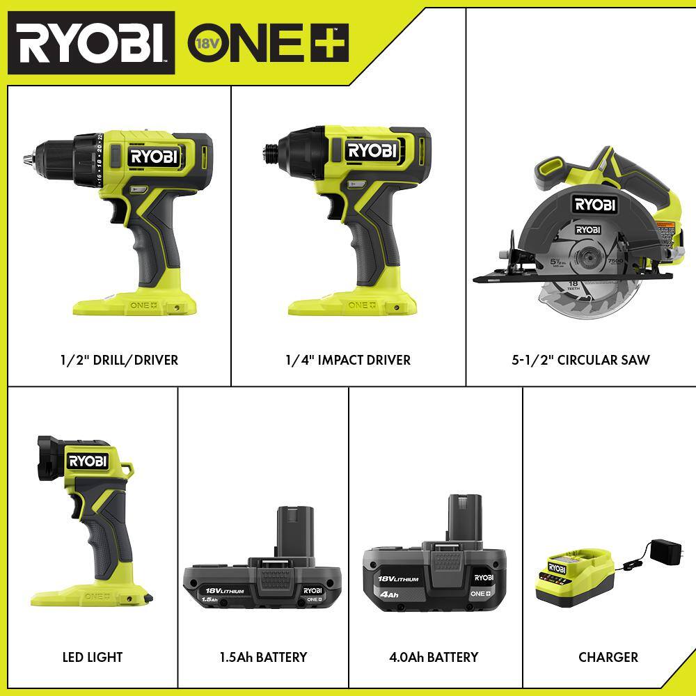 RYOBI PCL1400K2 ONE+ 18V Cordless 4-Tool Combo Kit with 1.5 Ah Battery. 4.0 Ah Battery. and Charger