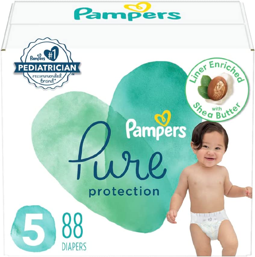Diapers Size 5. 88 Count - Pampers Pure Protection Disposable Baby Diapers. Hypoallergenic and Unscented Protection. Enormous Pack (Packaging & Prints May Vary)