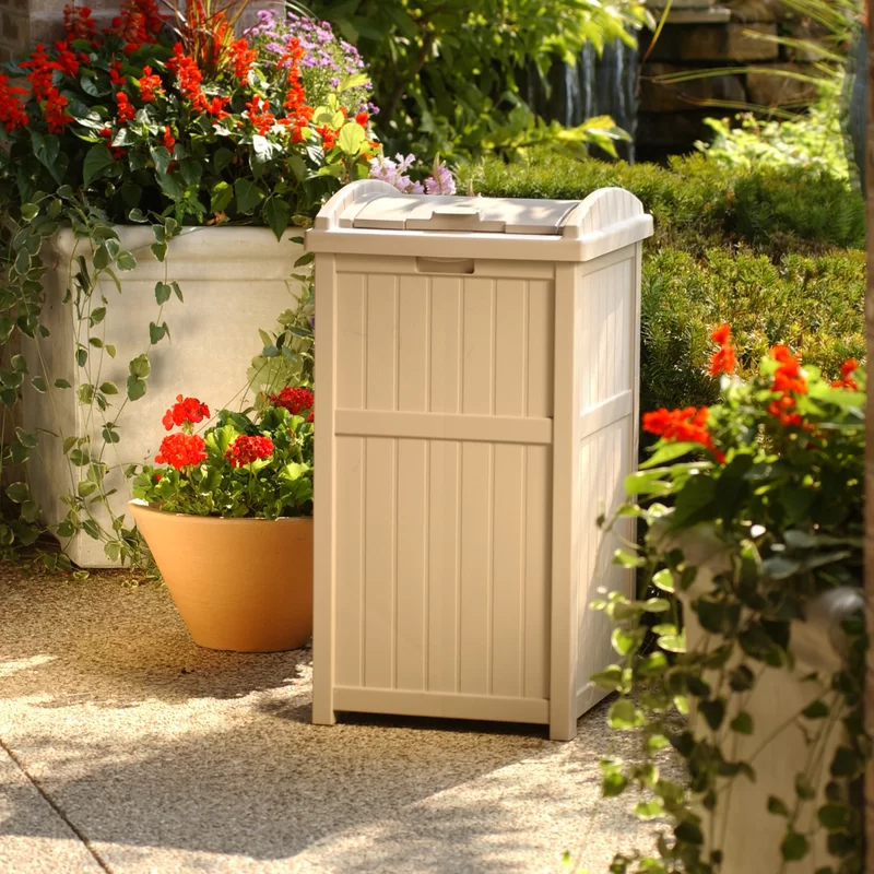 Suncast GH1732 33 Gallon Hideaway Trash Can for Patio - Resin Outdoor Trash with Lid - Use in Backyard. Deck. or Patio - Taupe