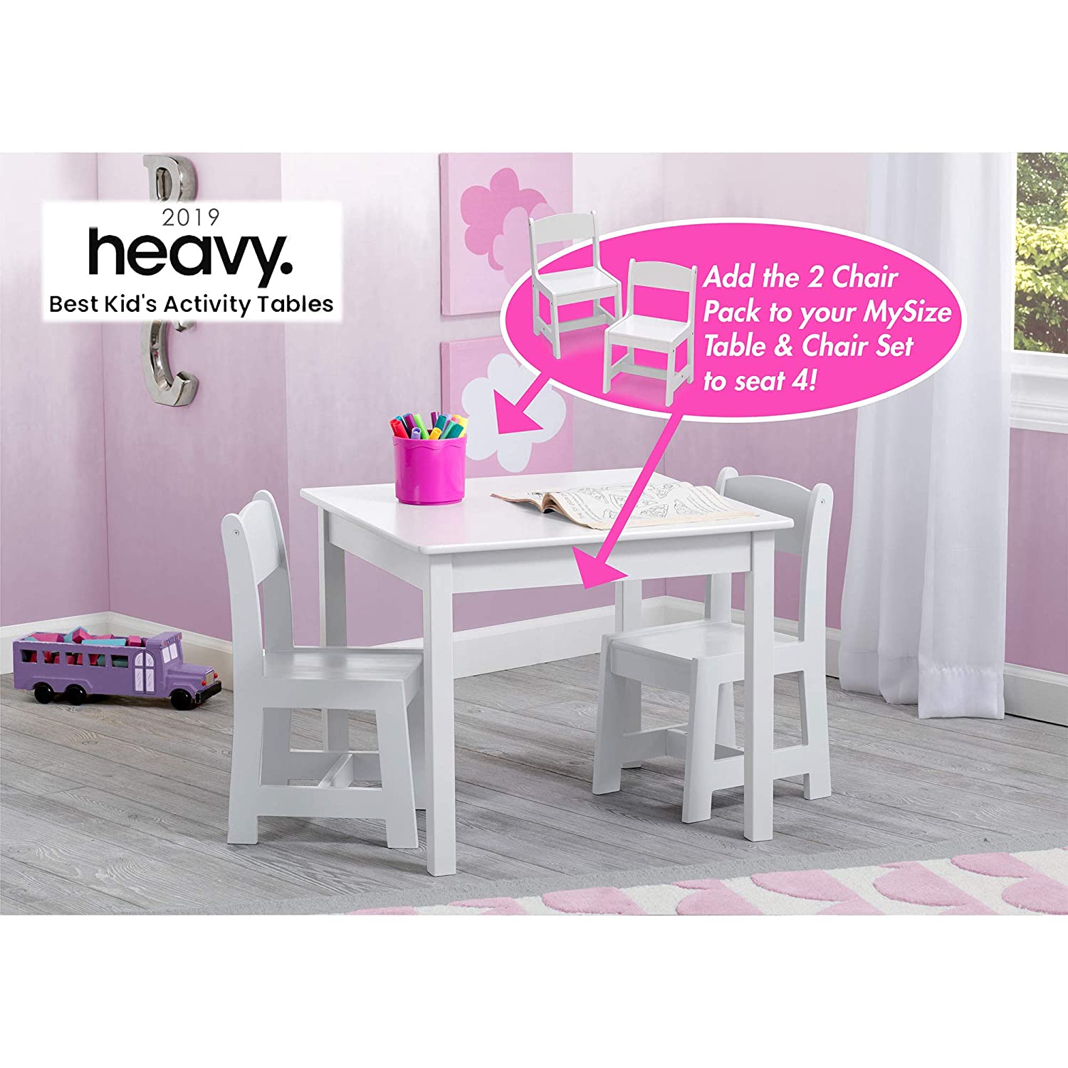 Delta Children MySize Kids Wood Table and Chair Set (2 Chairs Included) - Ideal for Arts & Crafts. Snack Time. & More - Greenguard Gold Certified. Bianca White. 3 Piece Set