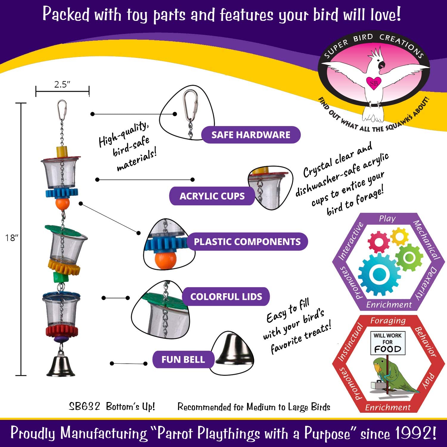 Super Bird Creations SB632 Foraging Bottom's Up Bird Toy with Clear Acrylic Cups. Medium /Large Bird Size. 18 x 2.5