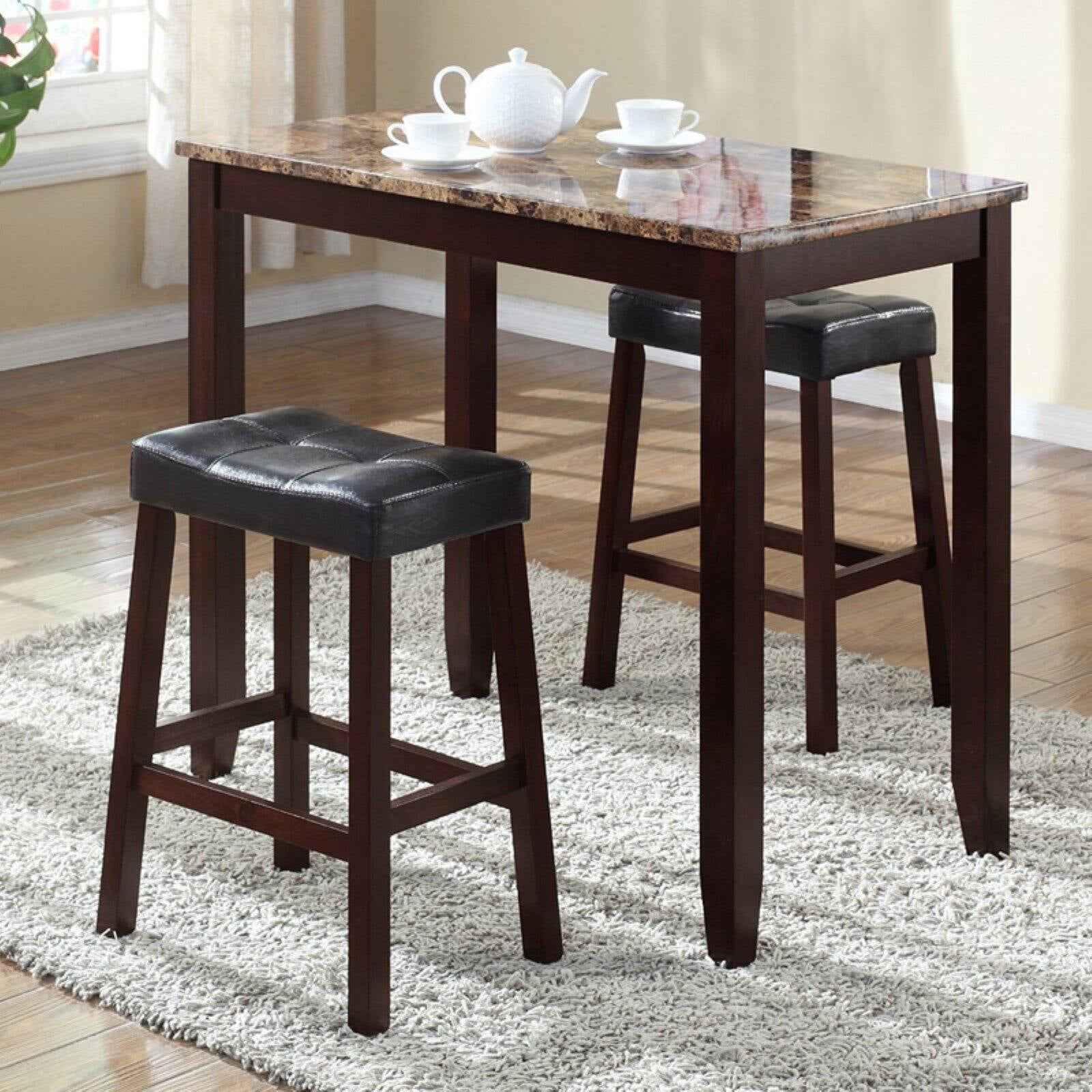 Roundhill Furniture 3-Piece Counter Height Glossy Print Marble Breakfast Table with Stools. Espresso
