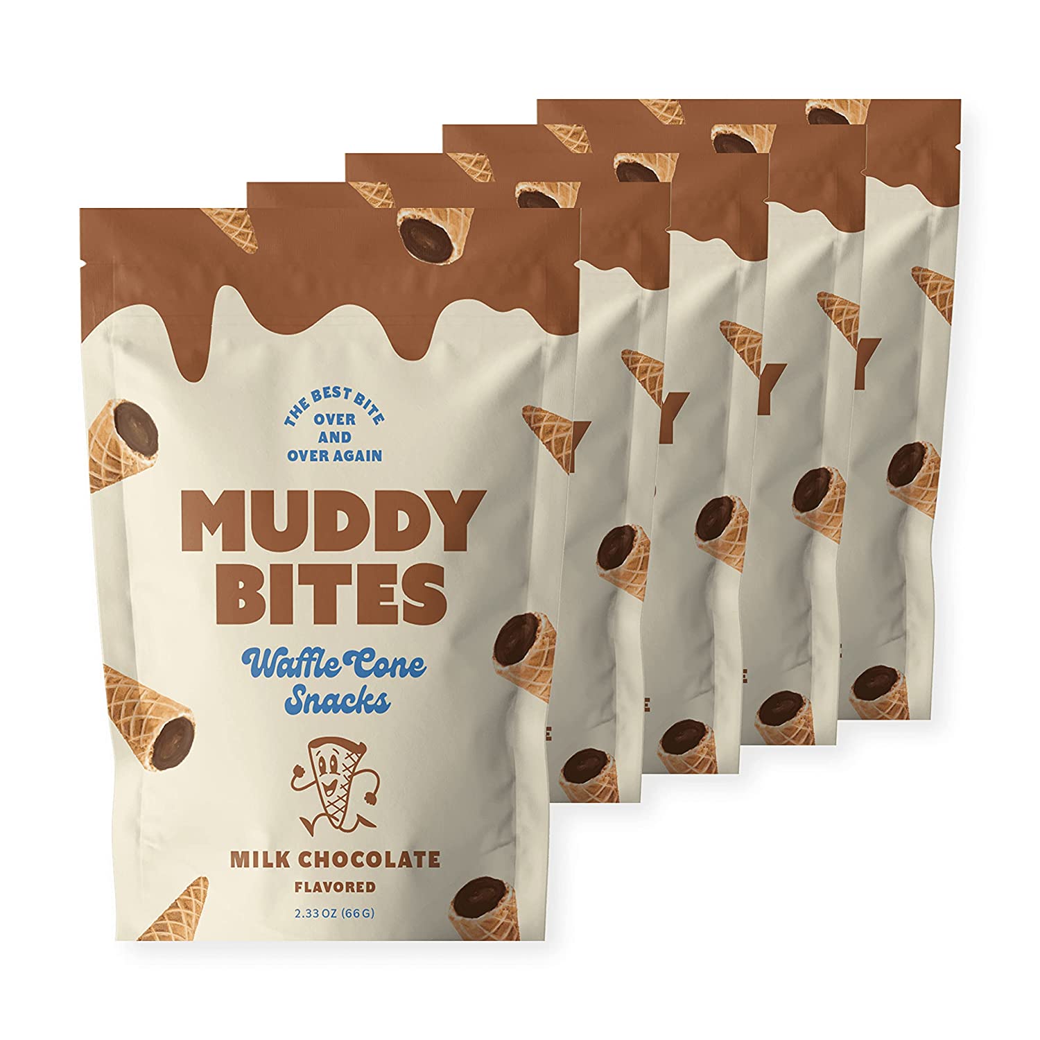 Muddy Bites Chocolate Filled Bite Size Waffle Cone Snack (Milk Chocolate. 5 Bags)