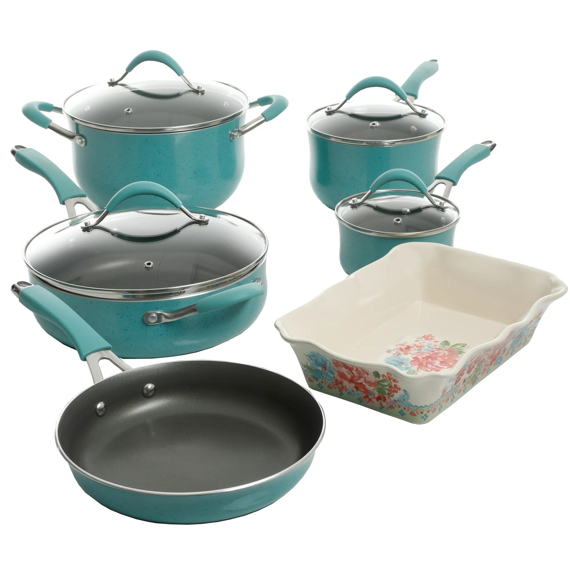 The Pioneer Woman Frontier Speckle Aluminum 10-Piece Cookware Set. Turquoise