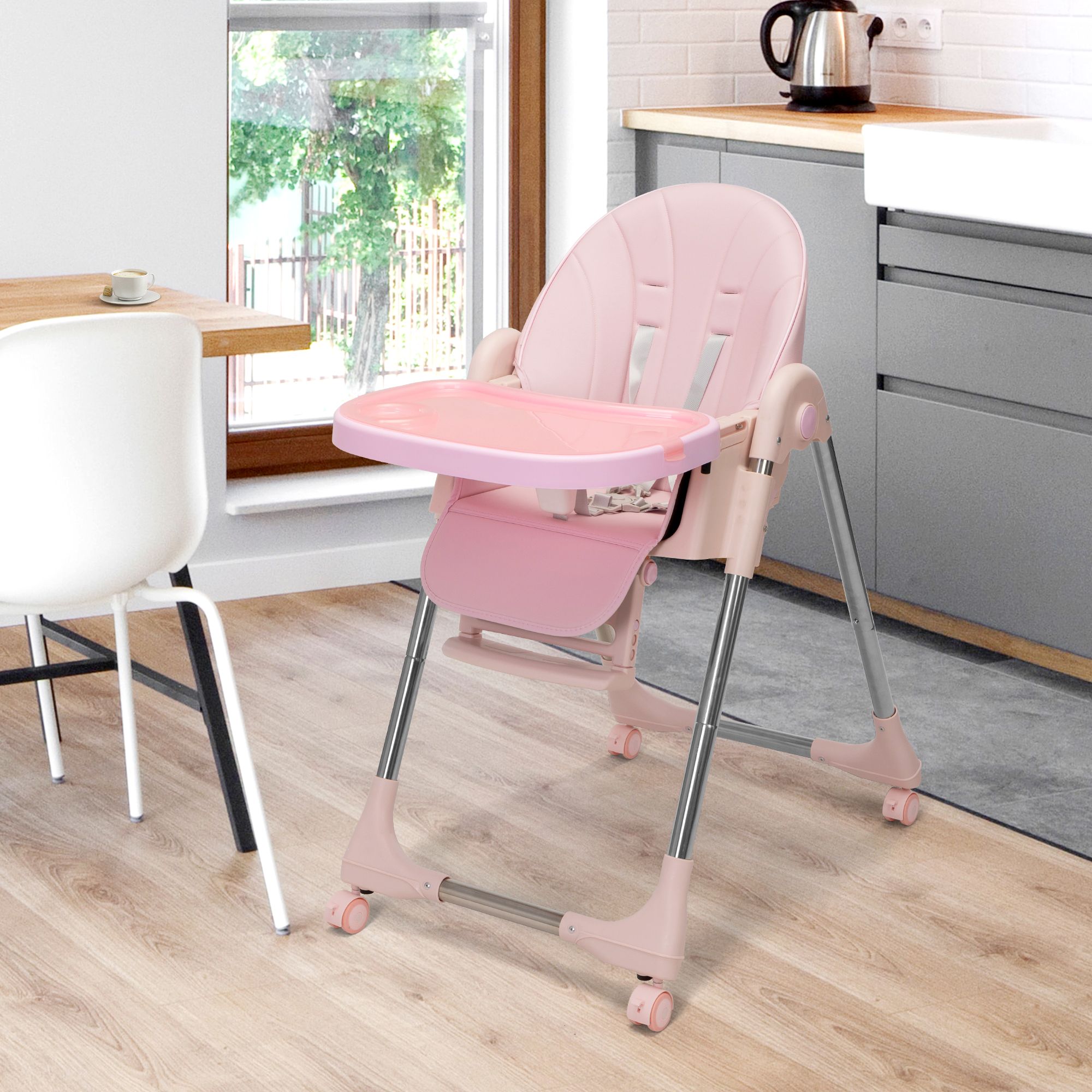 Foinwer 5-in-1 Baby Convertible Highchair Foldable Baby High Chair 4-Ways to Use Unisex. Removable Tray (Pink)
