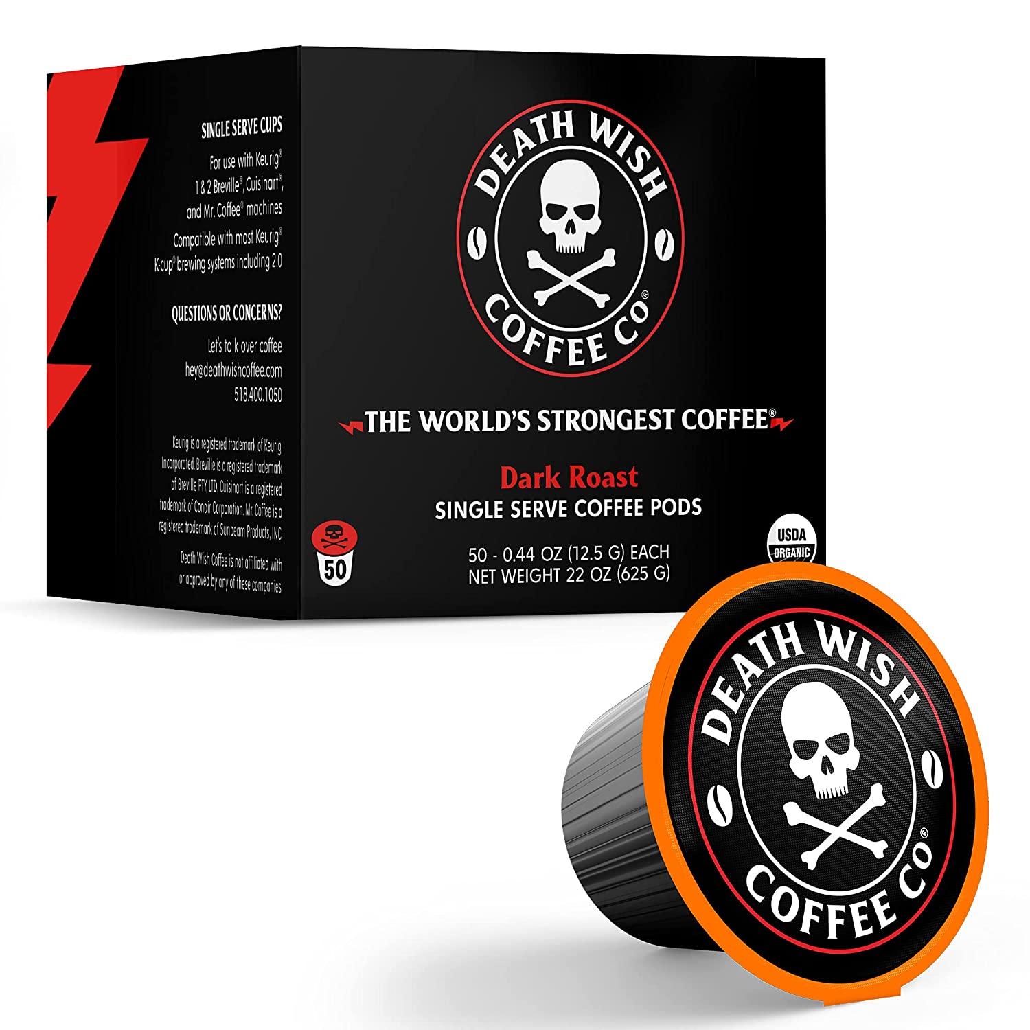 Death Wish Coffee Single Serve Pods - The World's Strongest Coffee - Dark Roast Coffee Pods - Made with USDA Certified Organic. Fair Trade. Arabica and Robusta Beans (50 Count) - Packaging May Vary