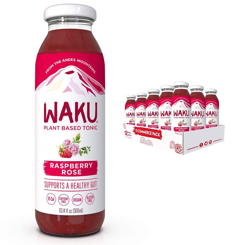 Waku. Unsweetened Raspberry Rose. Herbal Iced Tea. 12 Pack. 10 oz Bottles