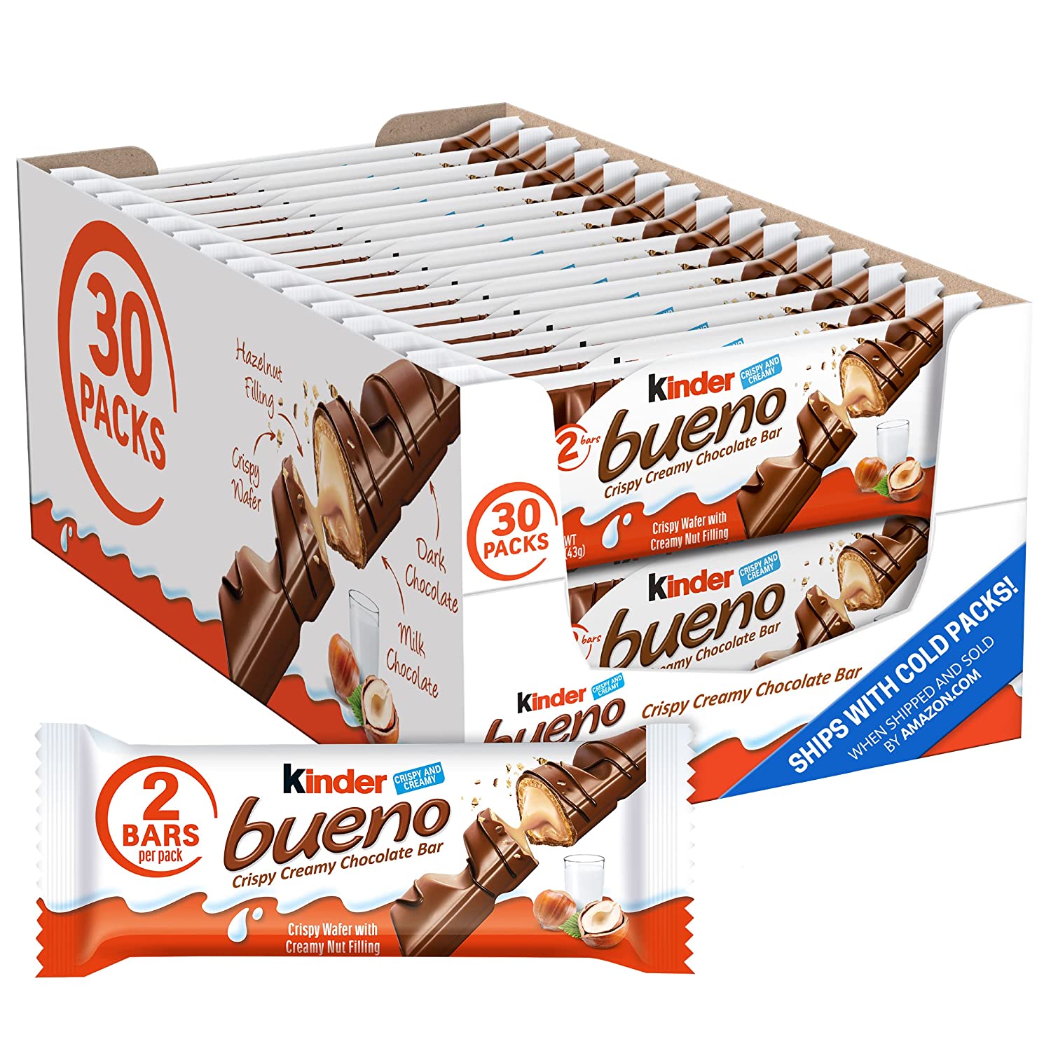 Kinder Bueno Milk Chocolate and Hazelnut Cream Candy Bar. 30 Packs. 2 Individually Wrapped 1.5 oz Bars Per Pack