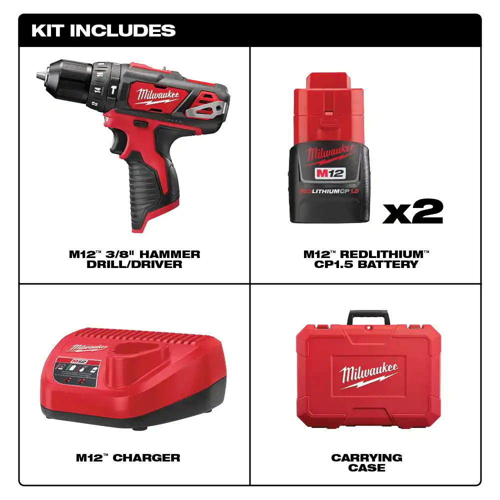 Milwaukee 2408-22 M12 12V Lithium-Ion Cordless 3/8 in. Hammer Drill/Driver Kit with Two 1.5 Ah Batteries and Hard Case