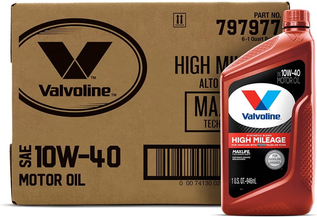 Valvoline High Mileage with MaxLife Technology SAE 10W-40 Synthetic Blend Motor Oil 1 QT. Case of 6