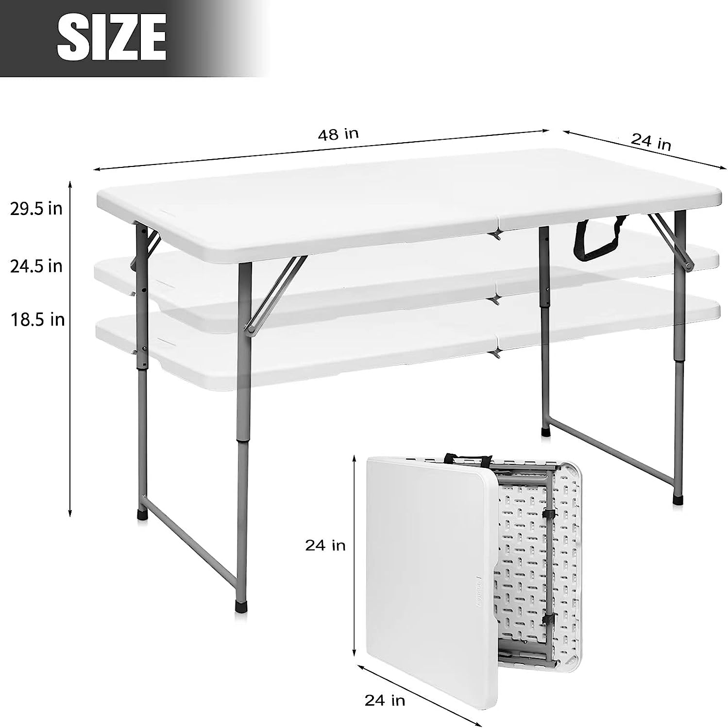 Byliable Folding Table 4 Foot Portable Heavy Duty Plastic Fold-in-Half Utility Foldable Table Small Indoor Outdoor Adjustable Height Folding Table with Carrying Handle. Camping and Party