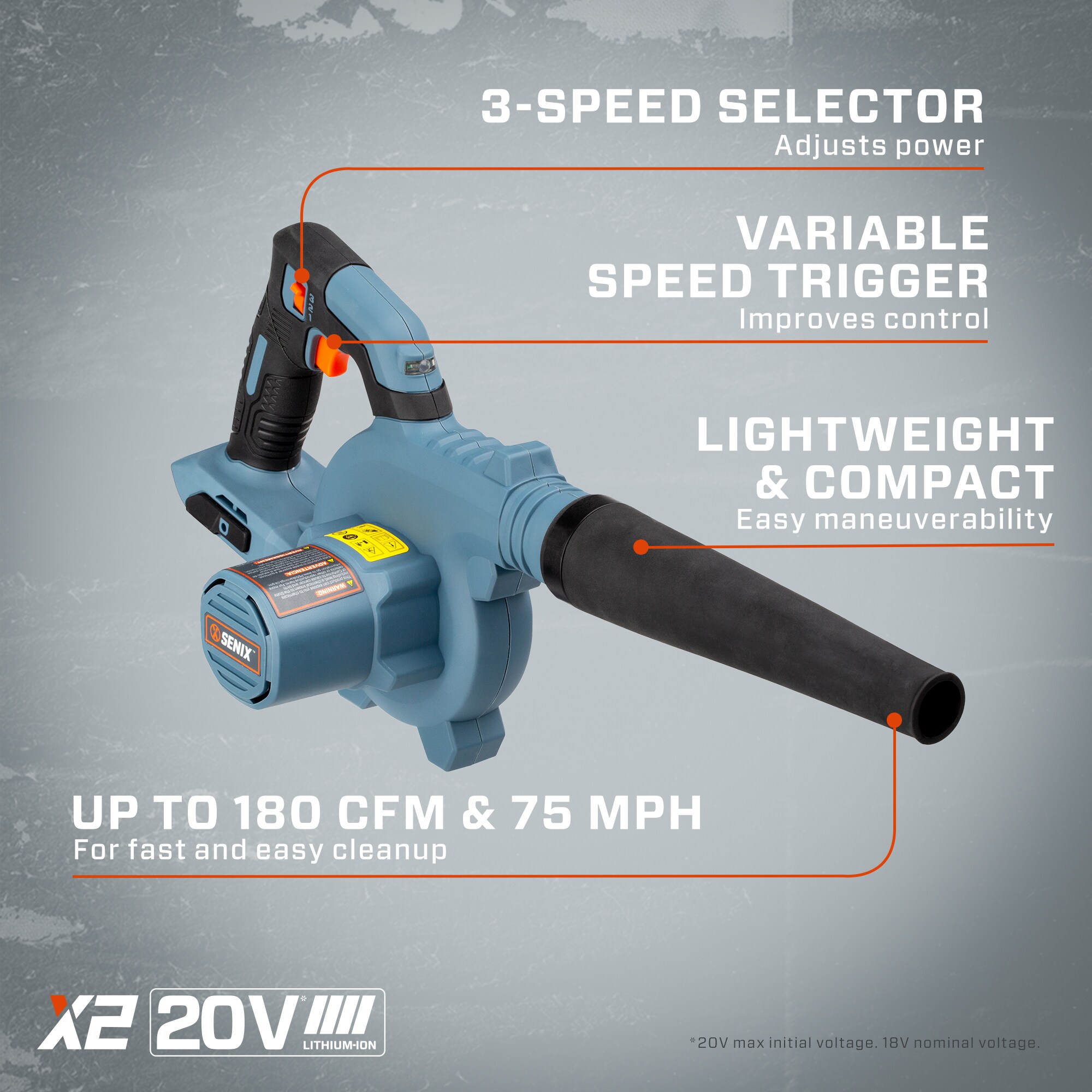 SENIX X2 20-volt Max 75-CFM 180-MPH Battery Handheld Leaf Blower 2.5 Ah (Battery and Charger Not Included)