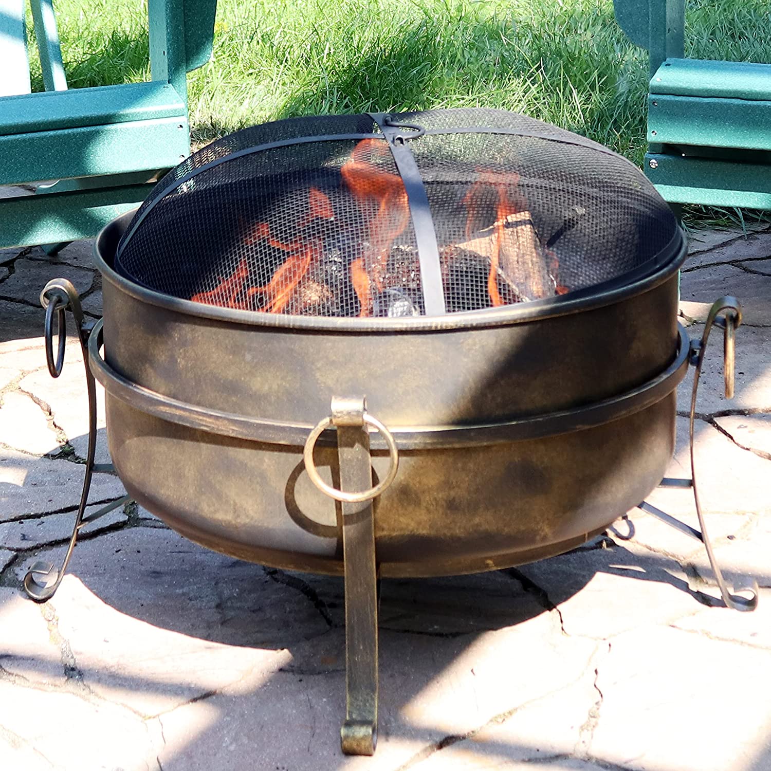 Sunnydaze Outdoor Cauldron Fire Pit - 24-Inch Backyard & Patio Wood-Burning Fire Pit for Outside with Round Spark Screen. Fireplace Poker. and Metal Grate