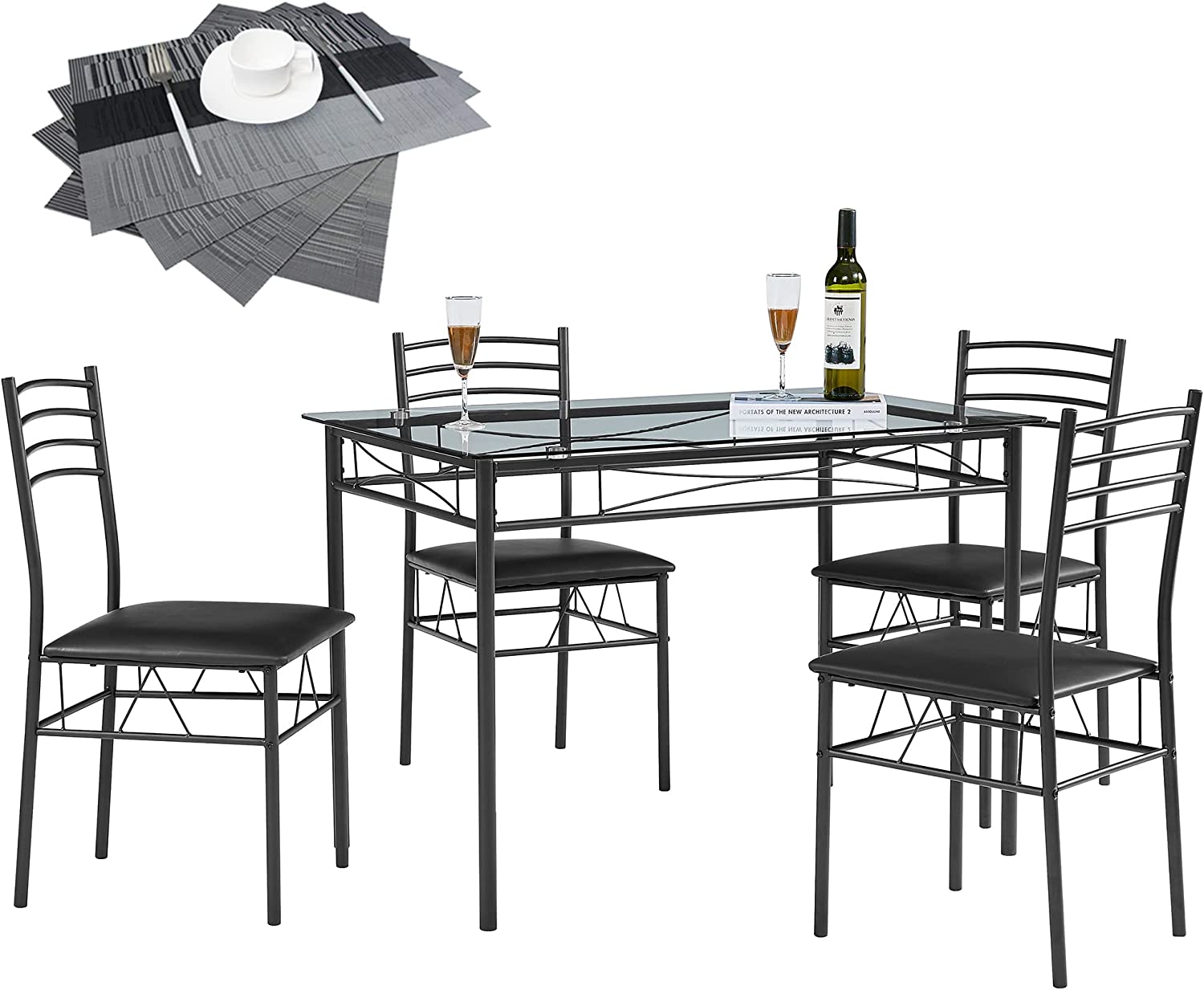 VECELO Dining Table with 4 Chairs 4 Placemats Included. Black