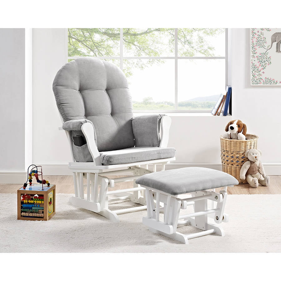 Angel Line Windsor Glider and Ottoman. White Finish with Gray Cushions