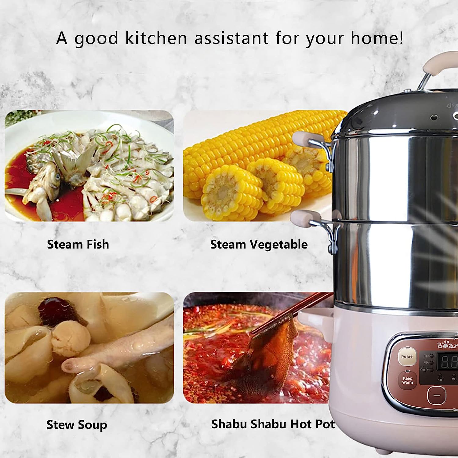 Bear Electric Multifunctional Food Steamer. One Touch Digital Steamer with Timer. Vegetable Steamer 2 Tiered Stackable Stainless Steel Baskets. Auto Shut-off & Anti-dry Protection. 1200W Fast Heating. 8.5Quart. Pink