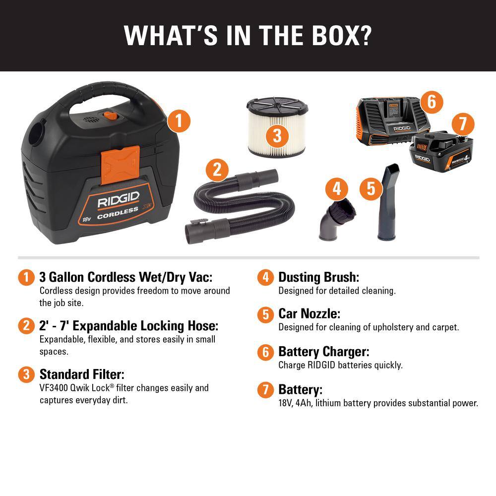 RIDGID WD0319B 3 Gallon Cordless Handheld Wet/Dry Shop Vacuum with 18-Volt Lithium Ion MAX Output 4.0 Ah Battery and Charger